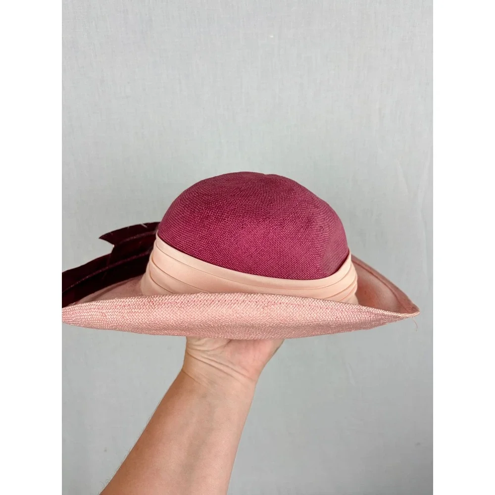 Vintage Mr Charles Pink Straw Sun Hat Feather Flower Wide Brim Church Wedding